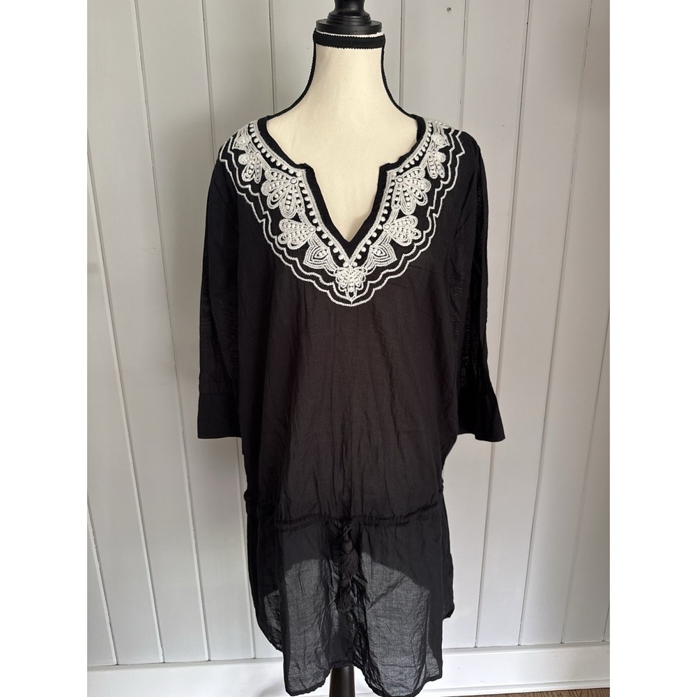 Lands End Black Embroidered V-Neck Dress Swimsuit Coverup Cotton Size Large Boho